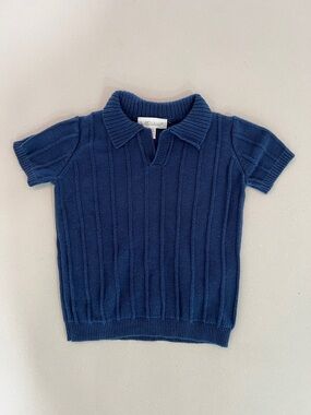 Miniclasix Short-Sleeve Ribbed Knit Polo Top in Navy - Size 12 Months